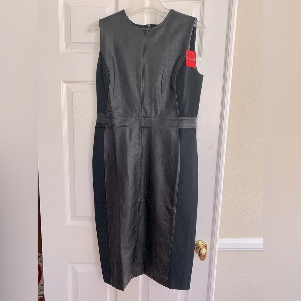 NWT SPANX Dress: Black Faux Leather & Fabric Blocks, Crewneck, Sleeveless, Zip M